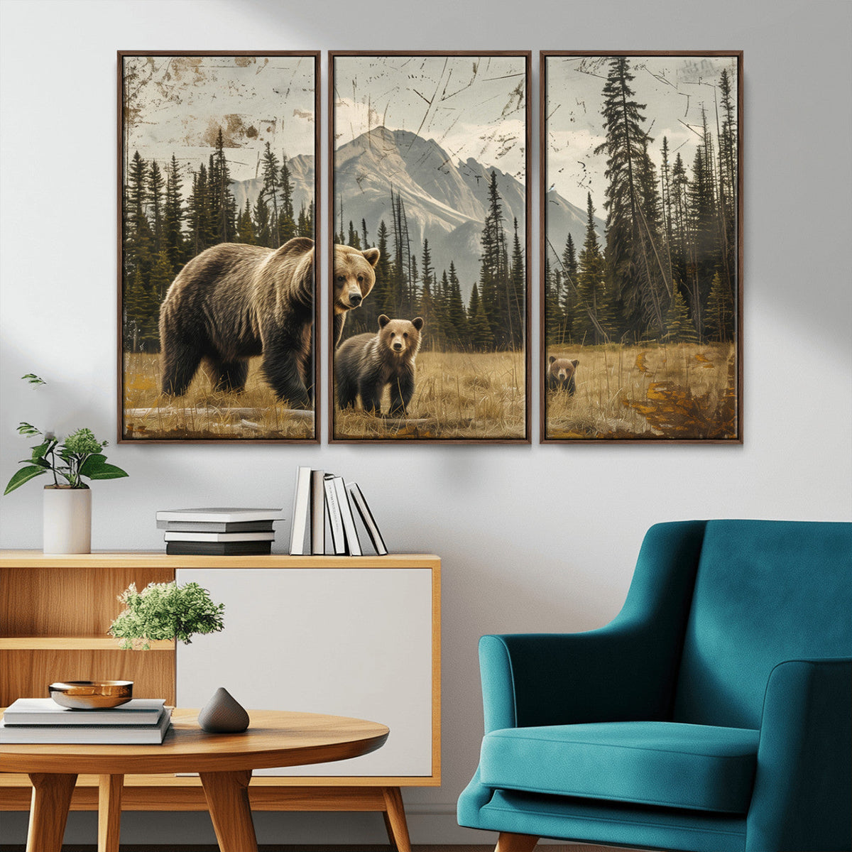 Rustic Grizzly 399 Bear Family Wall Art Canvas Print