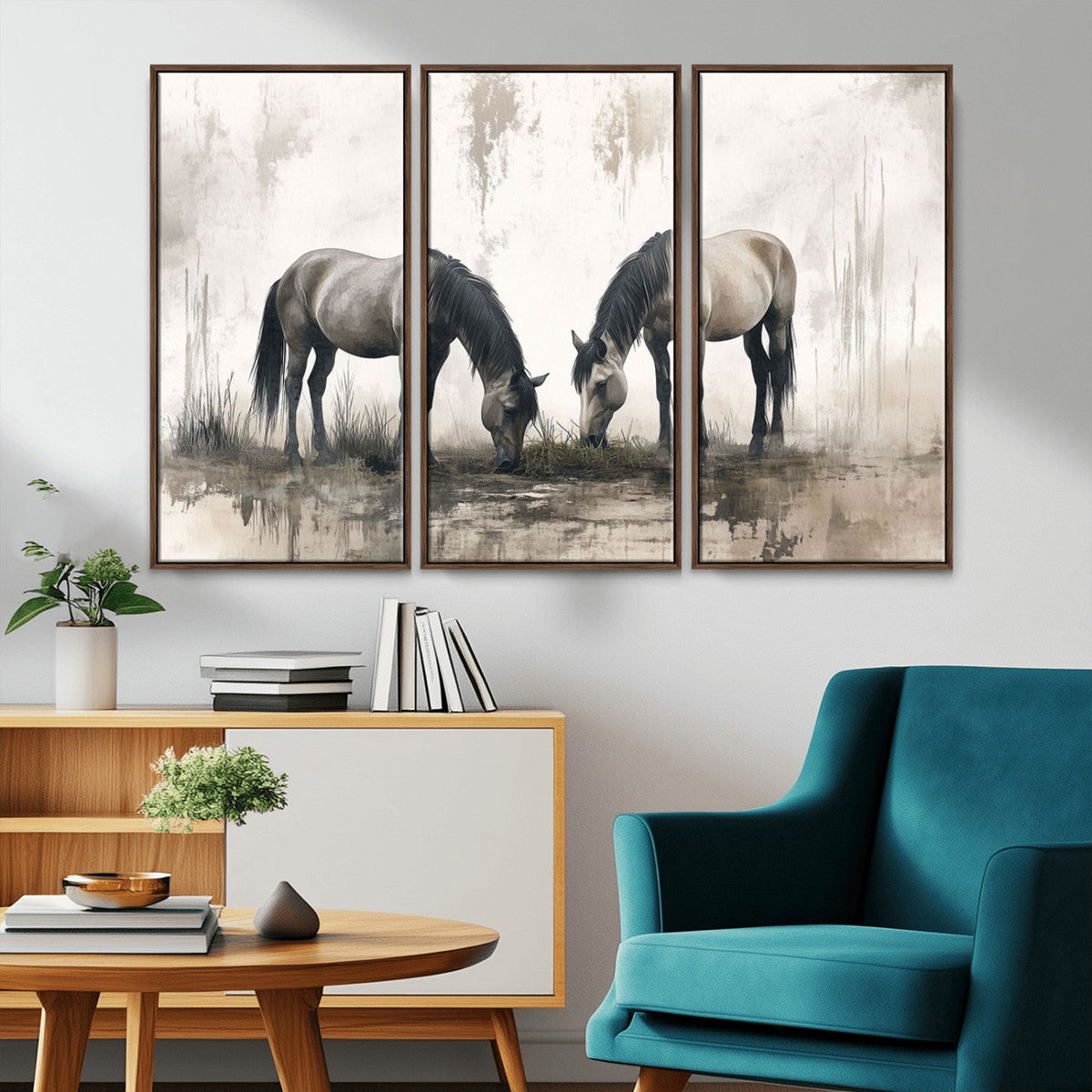 Chines Ink Style Vintage Horses Wall Art Canvas Print for