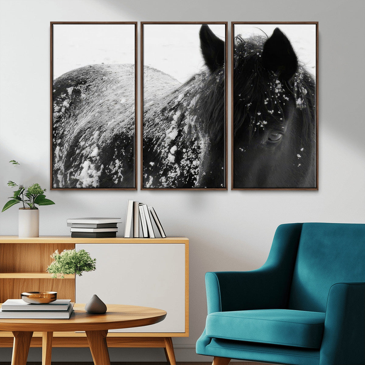Black Horse in Snow Canvas Print | Winter Horse Wall Art |