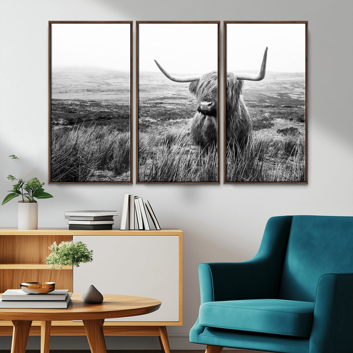 Scottish Highland Cow Wall Art | Black and White Canvas