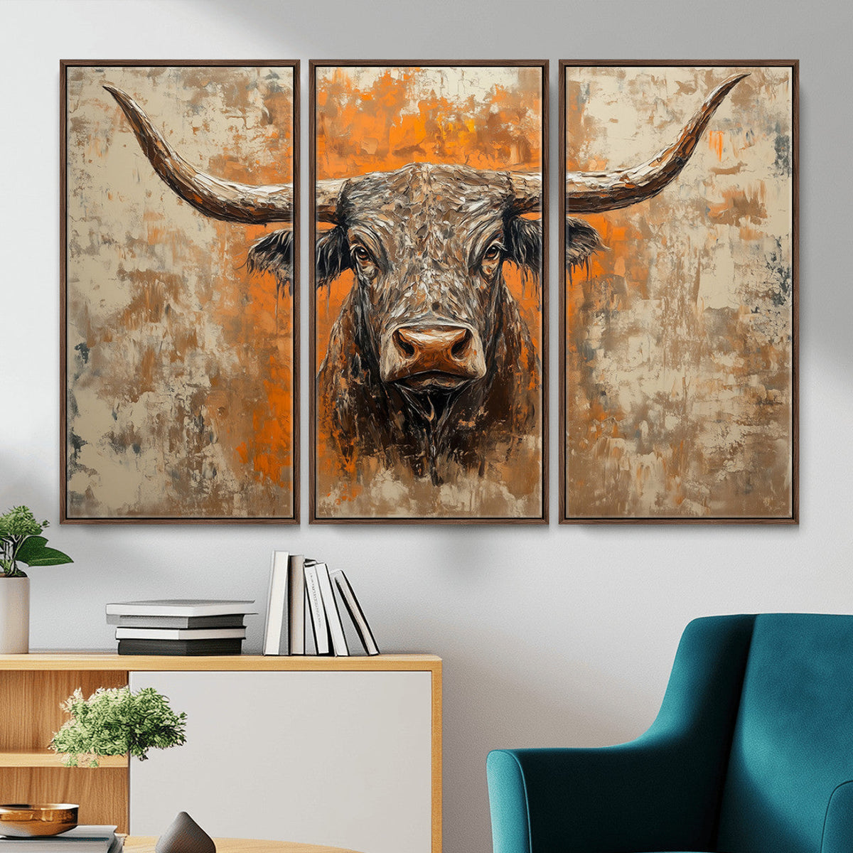 Abstract Cow Longhorn Bull Wall Art Canvas Print - Rustic
