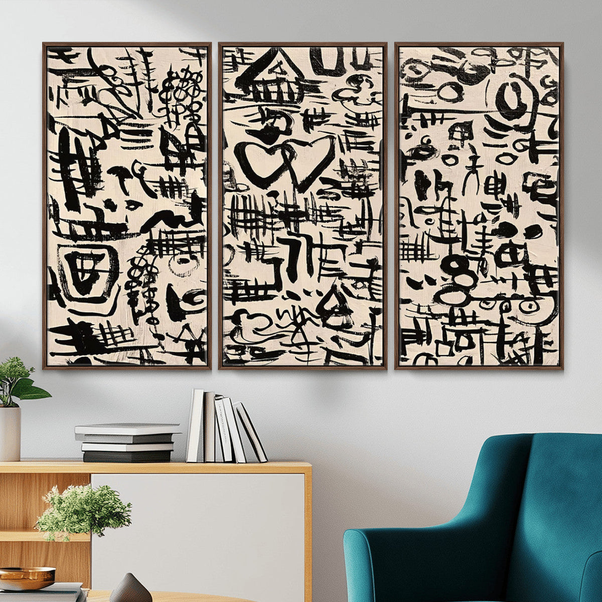 Abstract Love and Chaos Canvas Print, Black Symbols on Beige