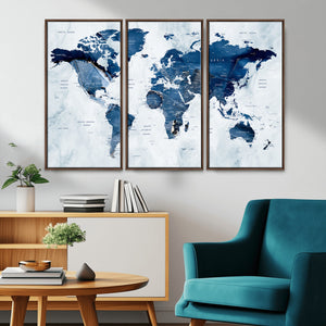 Modern Blue World Map Canvas Print – Framed Wall Art,