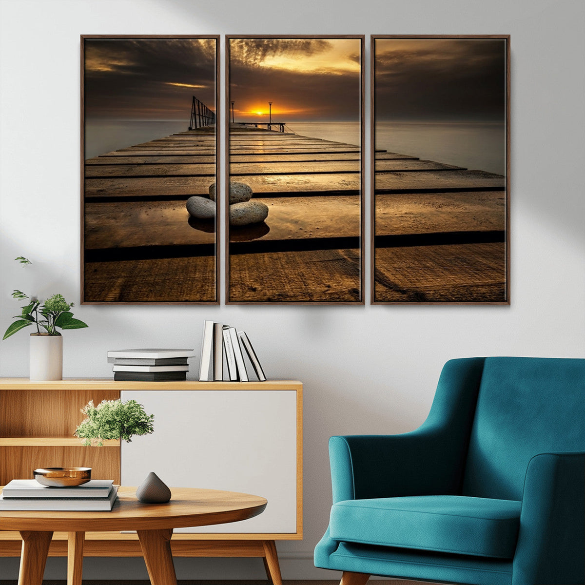 Stones on Wooden Pier at Sunset Canvas Print, Serene Coastal