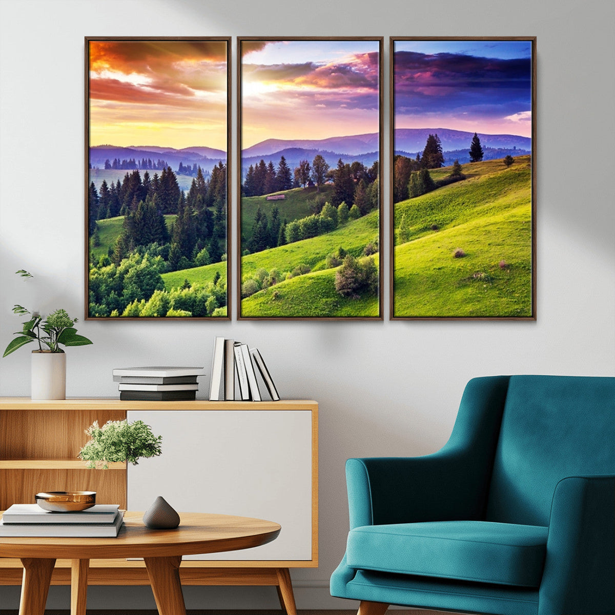 Green Hills and Sunset Wall Art Print - Scenic Landscape
