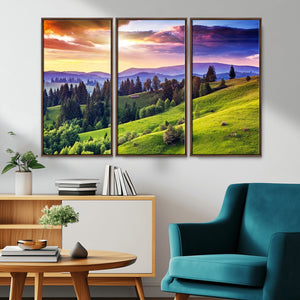 Green Hills and Sunset Wall Art Print - Scenic Landscape