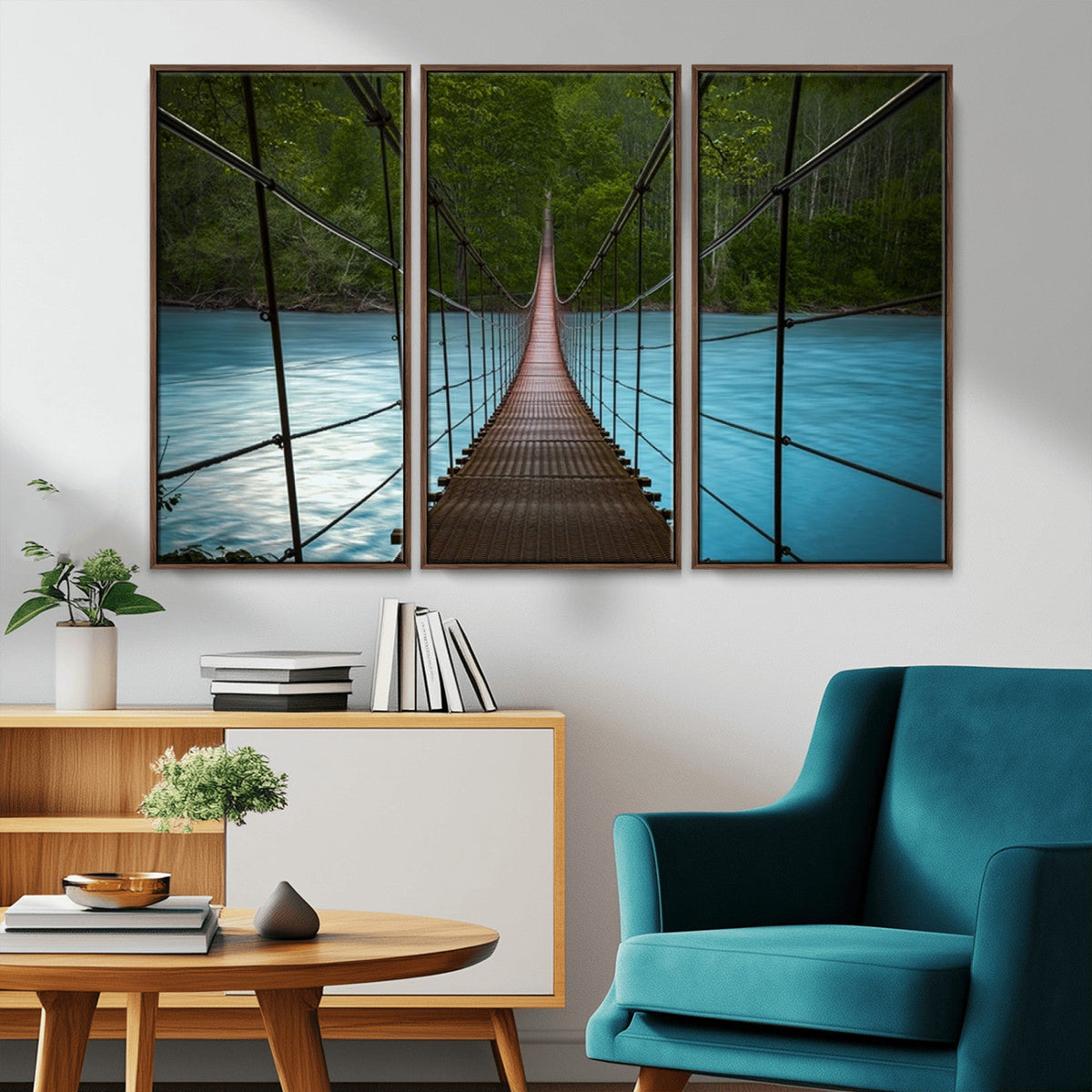 Suspension Bridge Over River Canvas Art | 3-Panel Nature