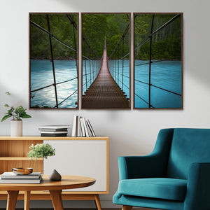Suspension Bridge Over River Canvas Art | 3-Panel Nature