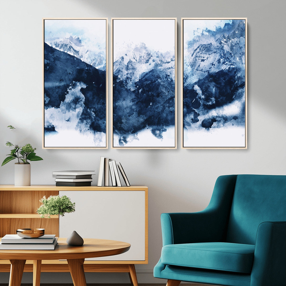 Abstract Blue Mountain Canvas Wall Art – Modern Triptych