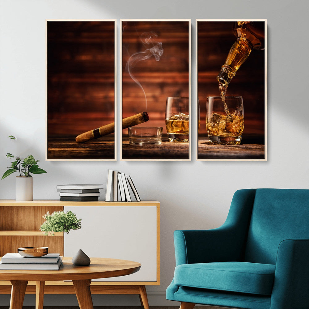 Whiskey and Cigar Wall Art Canvas | 3 Panel Bar Room Decor