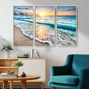 Sunset Beach Waves Canvas Wall Art – 5-Panel Ocean Sunset