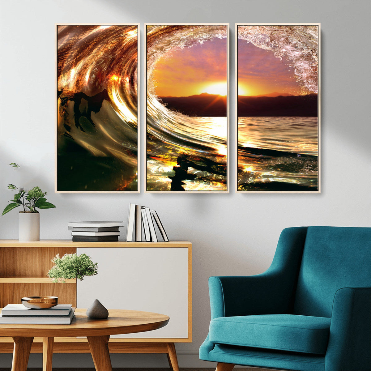 Golden Wave Sunset Triptych Canvas Art, Giclee Canvas Print