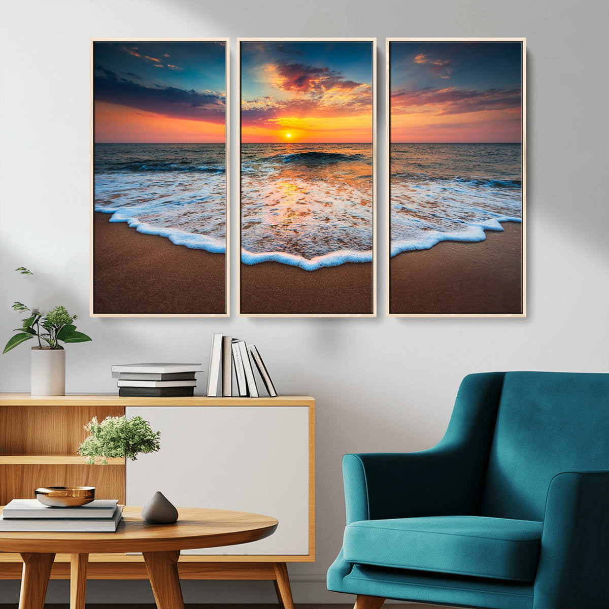 Sunset Beach Canvas Wall Art – Colorful Ocean Waves Triptych