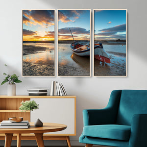 Small Boat At The Beach Sunset Wall Art, Boat Sunset Wall