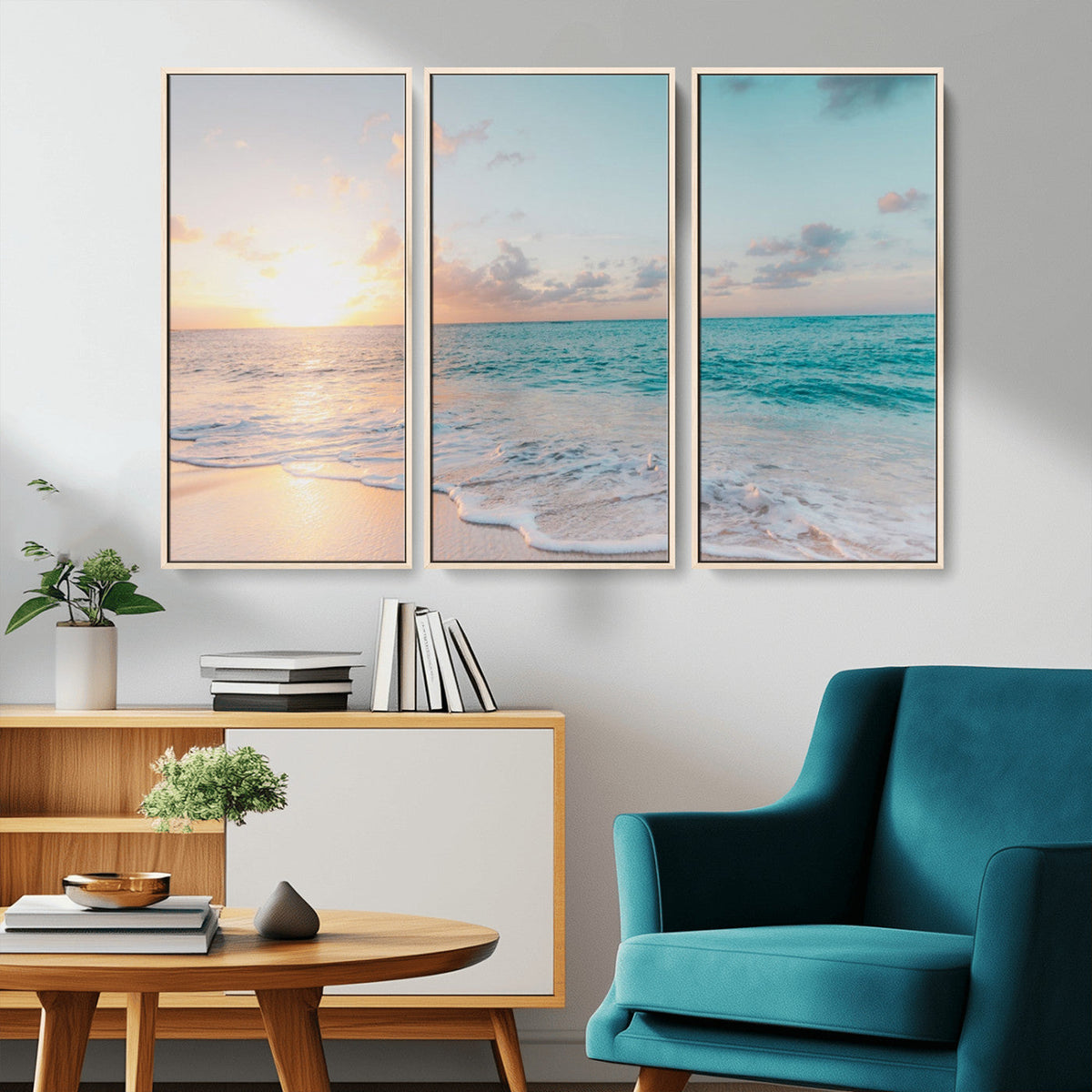 Tranquil Ocean Beach Sunset Canvas Wall Art | 3-Panel