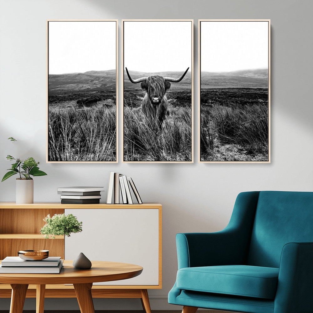 Black and White Highland Cow Canvas Wall Art, Longhorn