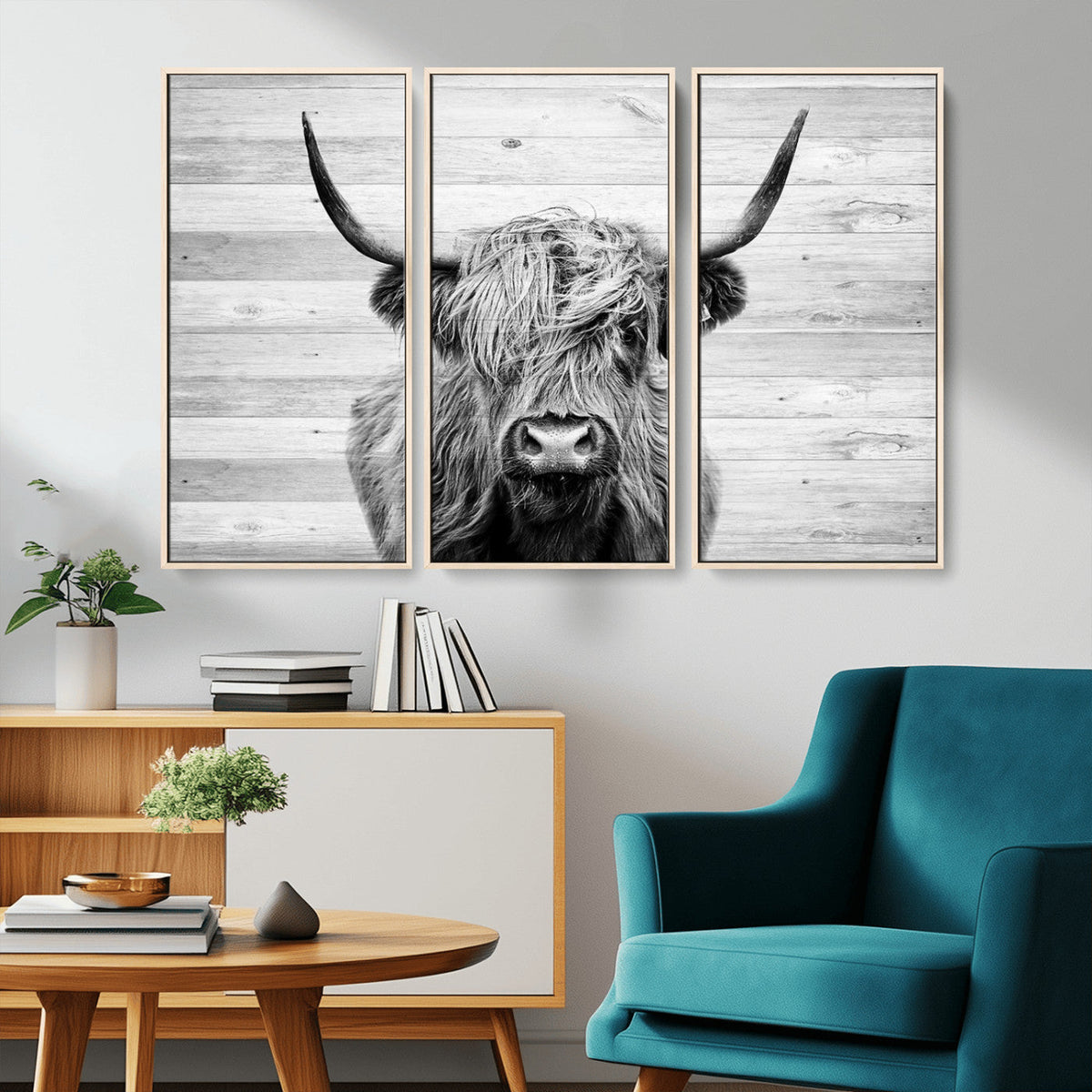 Scottish Highland Cow Cattle Art Print on Wood Background