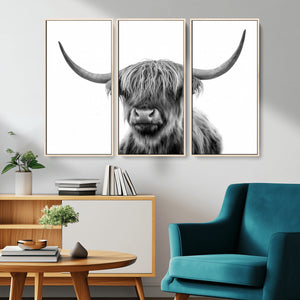 Grayscale Scottish Highland Cow Cattle Art Print Farmhouse