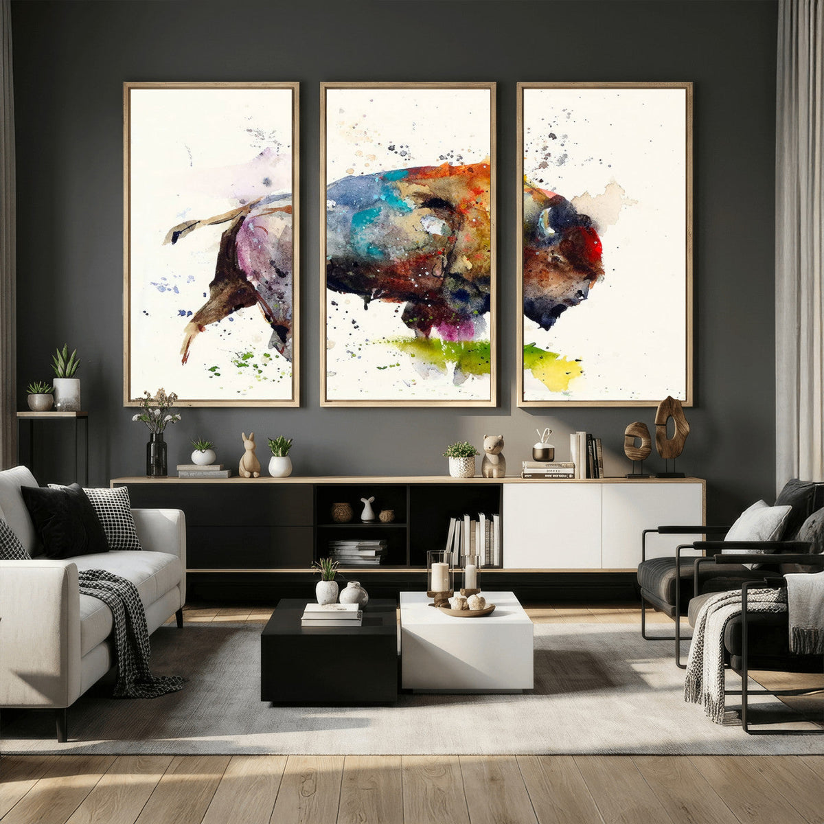 Abstract Buffalo Wall Art, Western Watercolor Bison Canvas