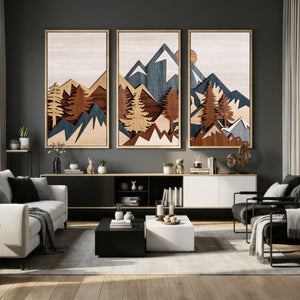 Rustic Abstract Wood Panel Effect Canvas Mountain Range Top