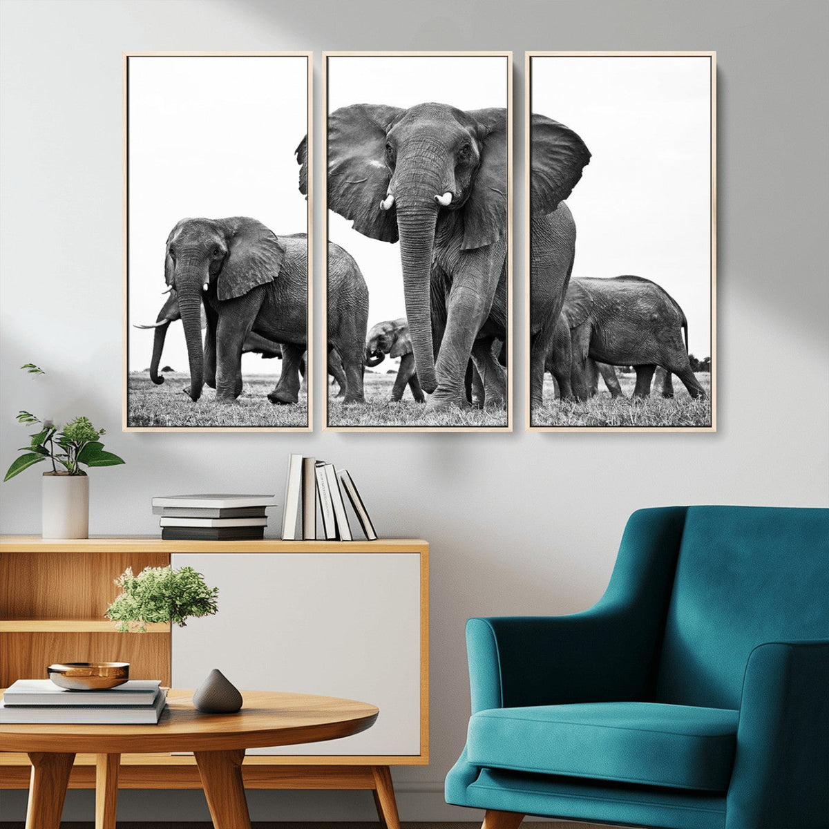 Black White Elephant Family Wall Art Canvas Print