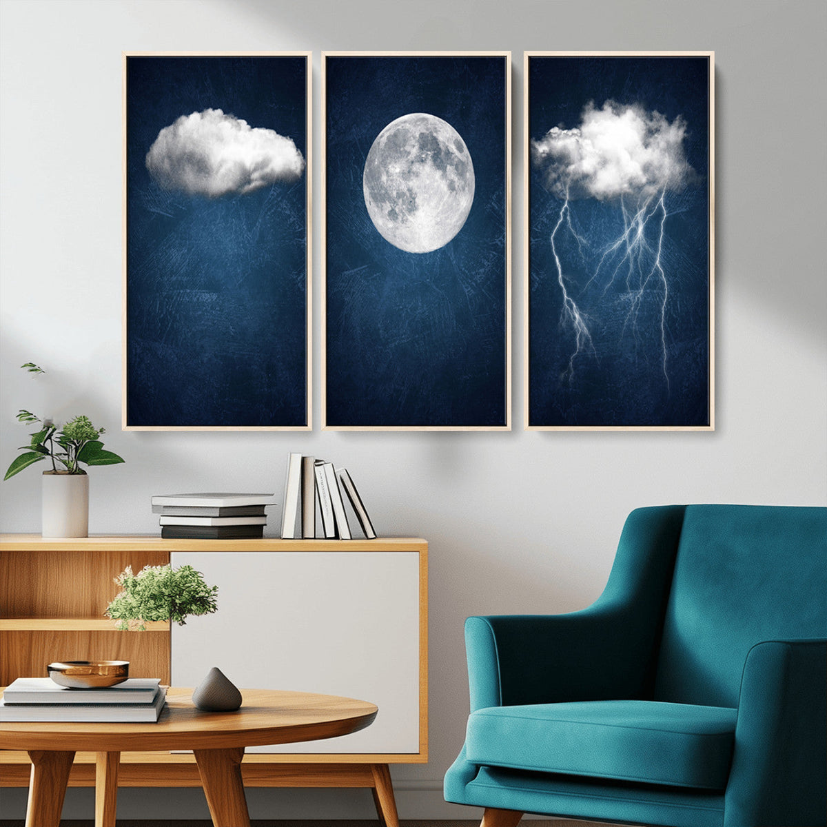 Dark Blue Cloud Art, 3 Piece Indigo Blue Wall Art, Aesthetic