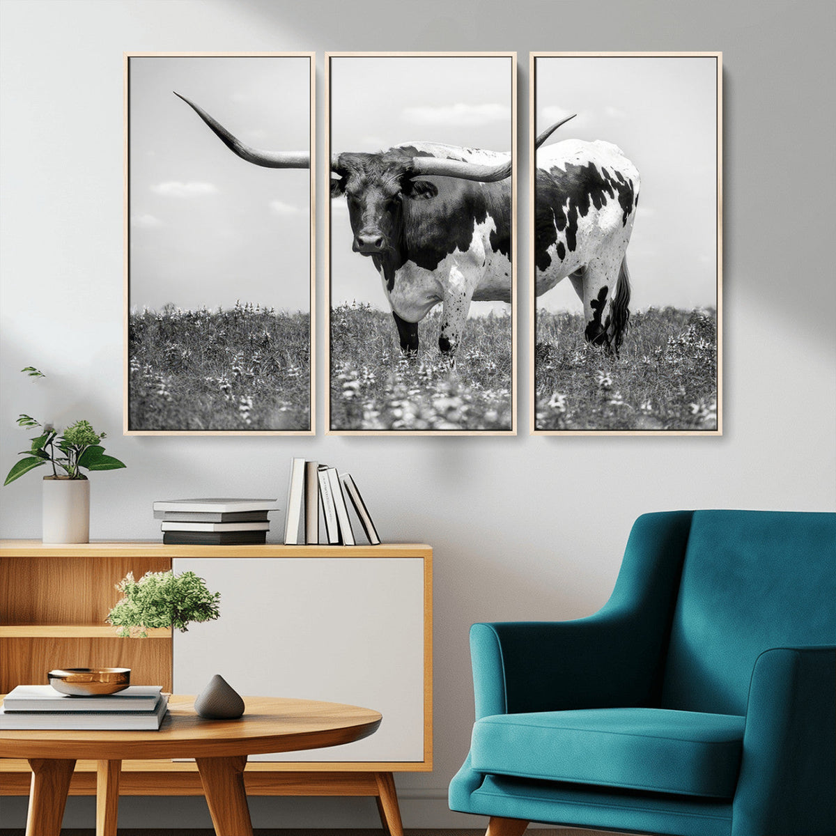 Texas Black White Highland Longhorn Cow Wall Art Canvas