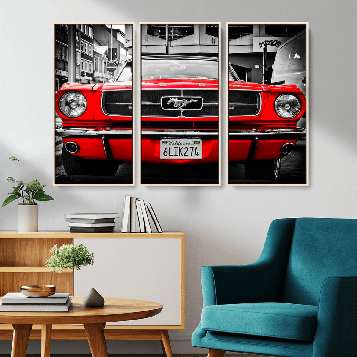 Red Mustang Car Wall Art – Framed Classic Vehicle Canvas