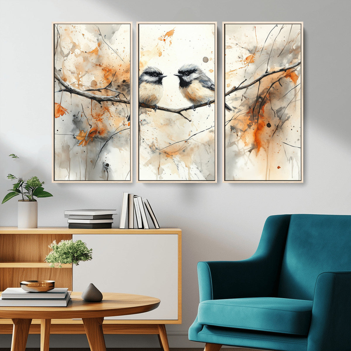 Abstract Watercolor Chickadee Bird Canvas Wall Art Print -