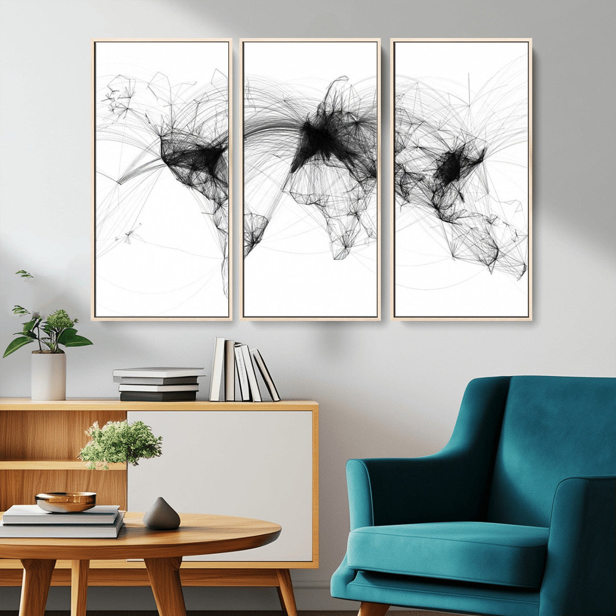 Abstract World Map Wall Art – Framed Geometric Line Canvas