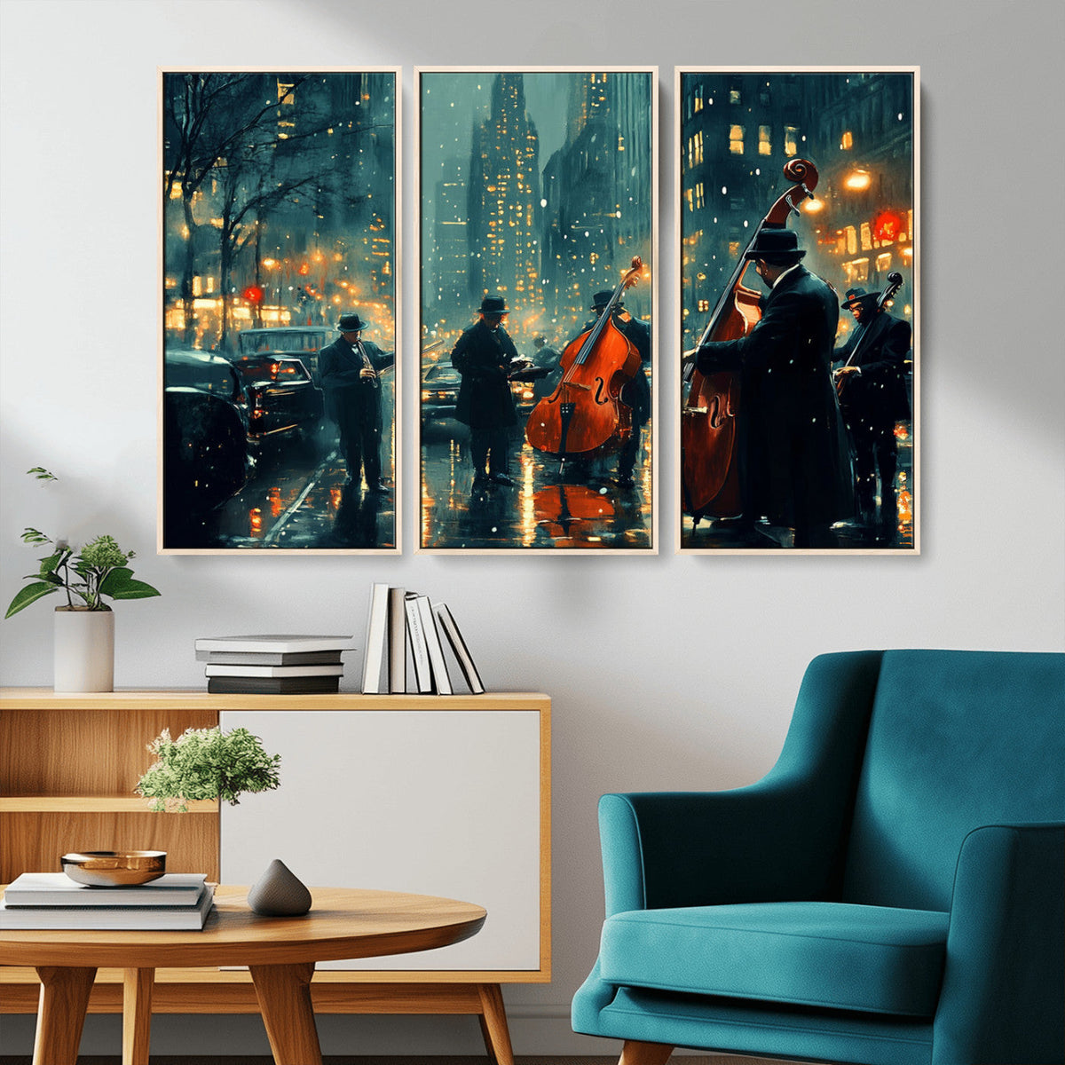 Urban Night Jazz Wall Art Canvas Print – Moody Rain-Soaked