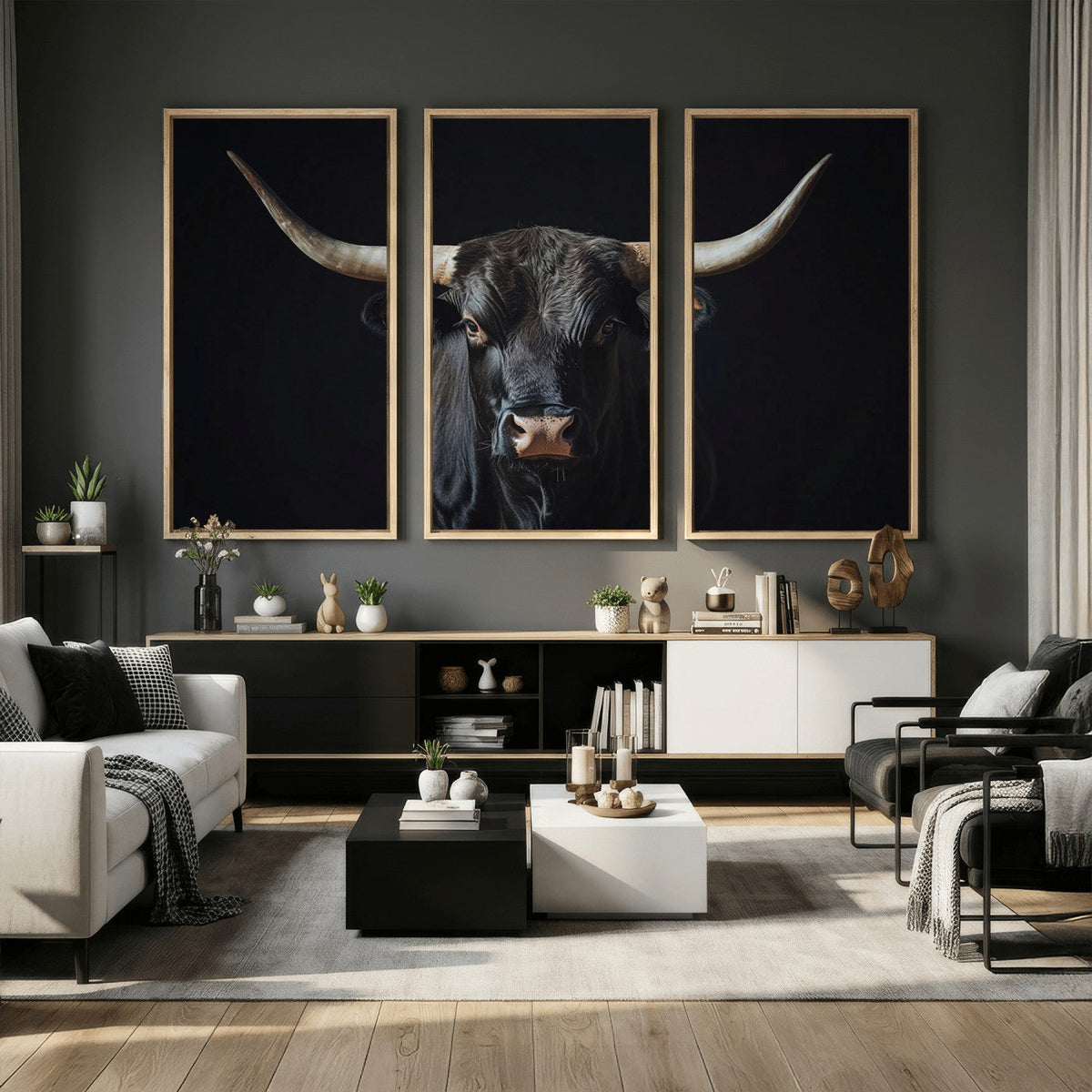 Majestic Longhorn Bull Wall Art Canvas Print – Dark