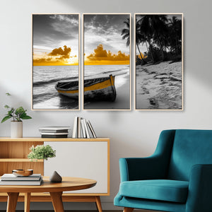 Yellow Rowboat Wall Art – Framed Tropical Shoreline Canvas