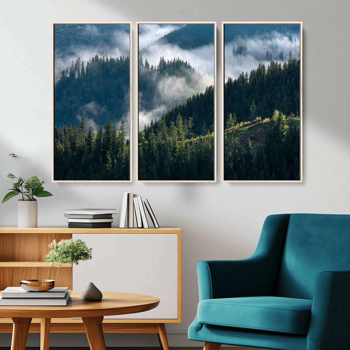 Misty Forest Wall Art Canvas Print, Serene Pine Hills and
