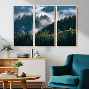 Misty Forest Wall Art Canvas Print, Serene Pine Hills and