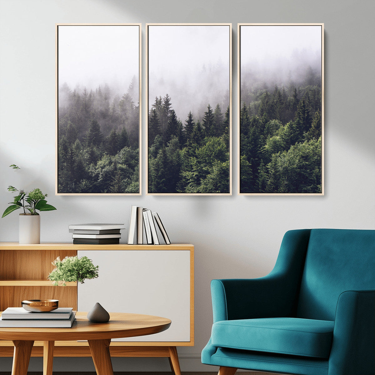 Misty Forest Wall Art Canvas Print, Serene Foggy Pines and
