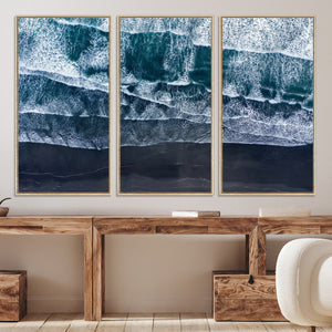 Black Beach Wall Art Canvas Print – Framed Aerial Ocean View