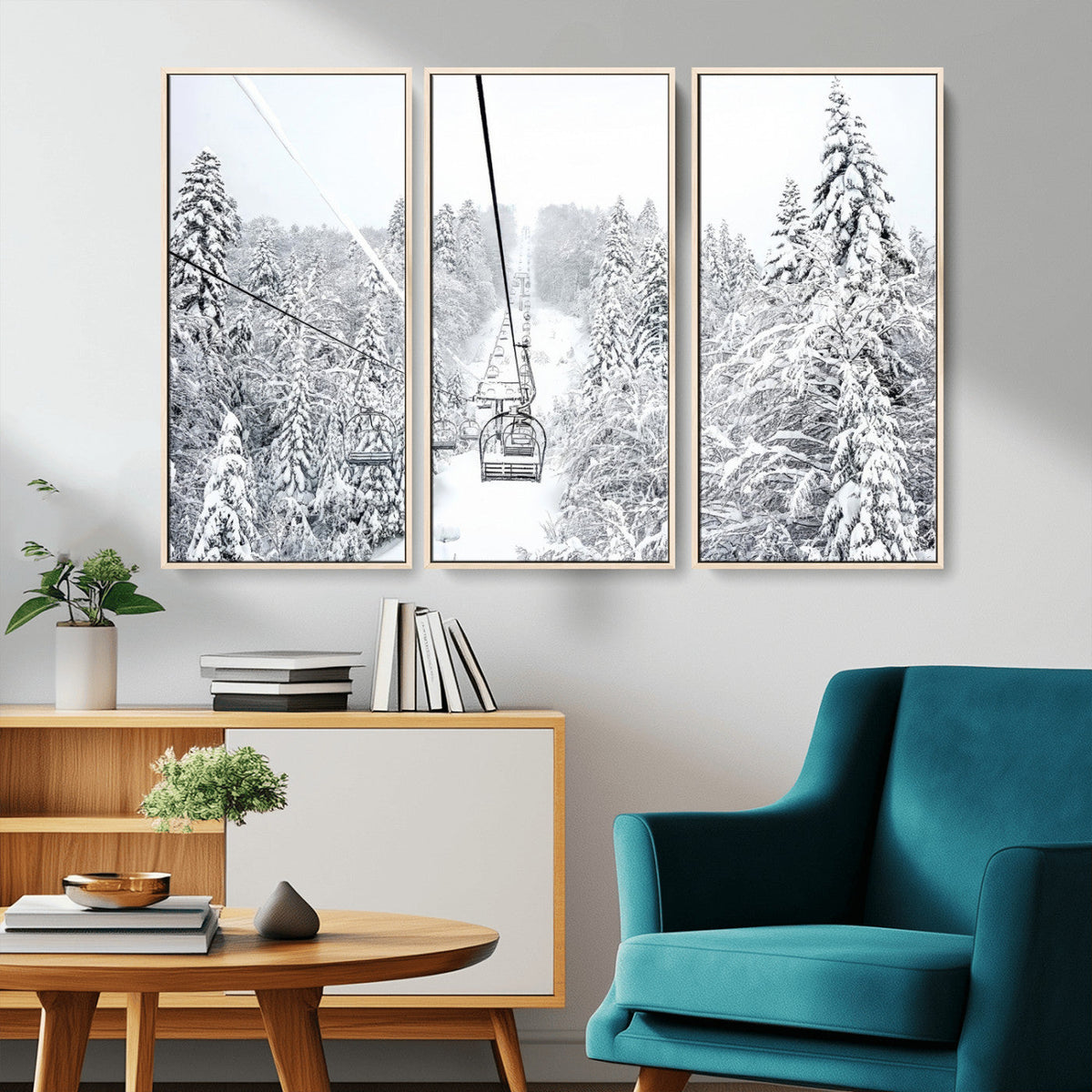 Snowy Ski Lift Wall Art – Framed Winter Mountain Canvas