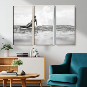 Black and White Surfing Wall Art Canvas Print – Framed Ocean