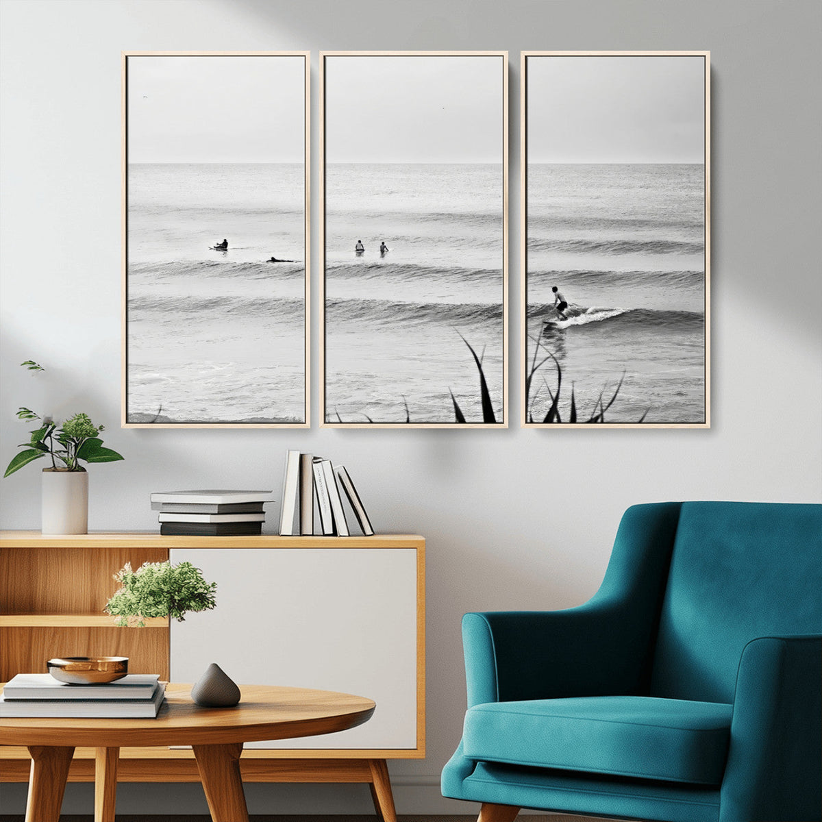 Surfer Silhouette Wall Art – Framed Calm Ocean Canvas