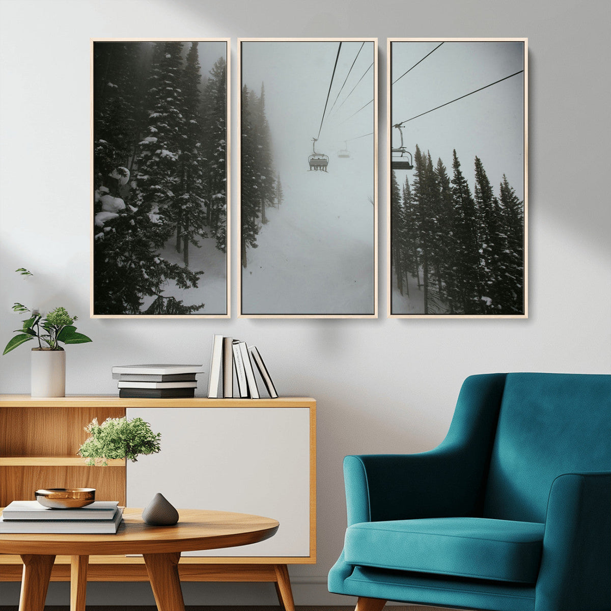 Ski Lift Wall Art Canvas Print – Snowy Pines Misty Landscape