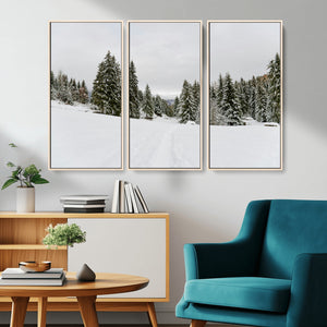 Frosty Pines Wall Art Canvas Print – Framed Silent Snowfall