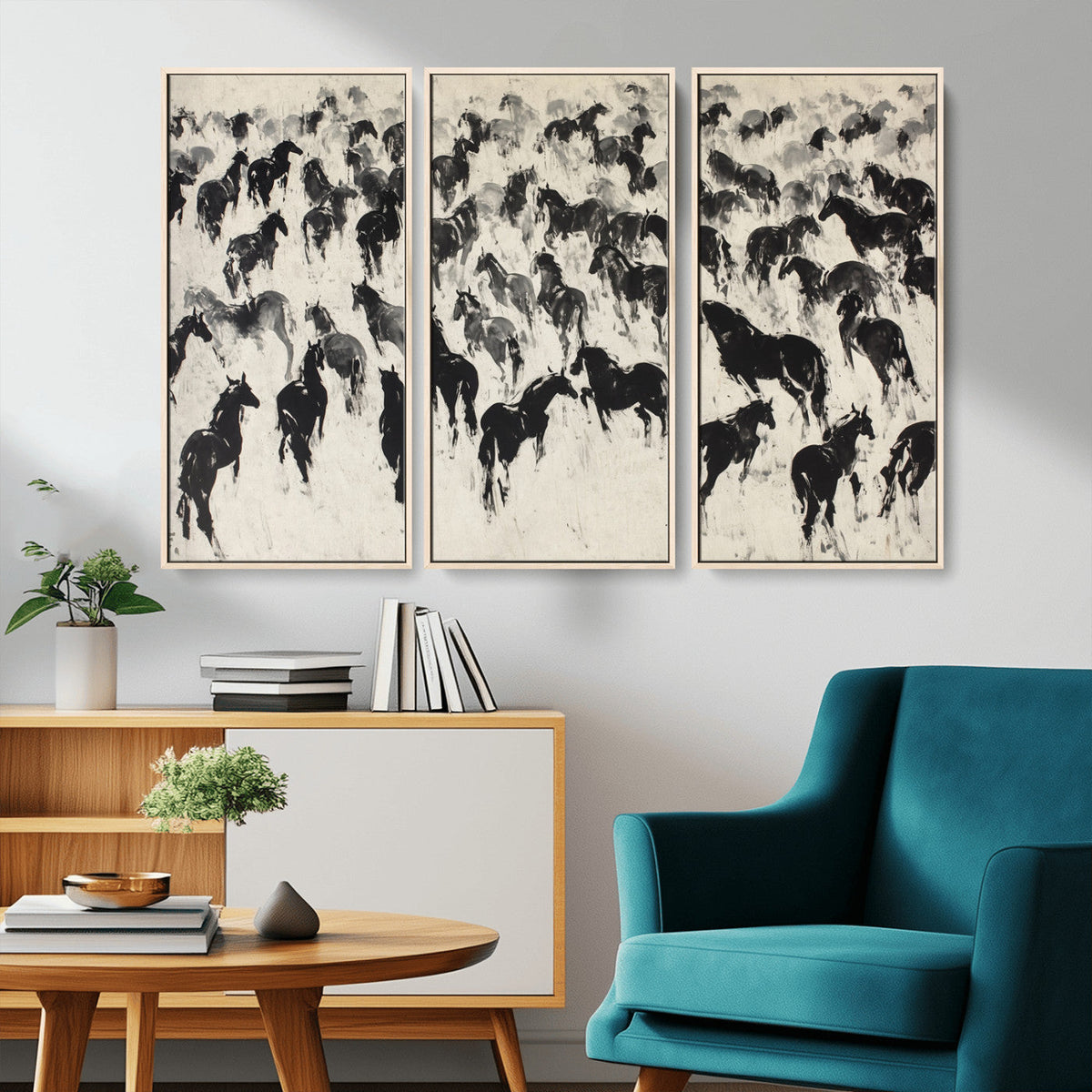 Wild Horse Stampede Wall Art Canvas Print – Monochrome