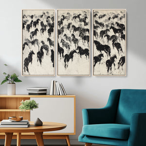 Wild Horse Stampede Wall Art Canvas Print – Monochrome