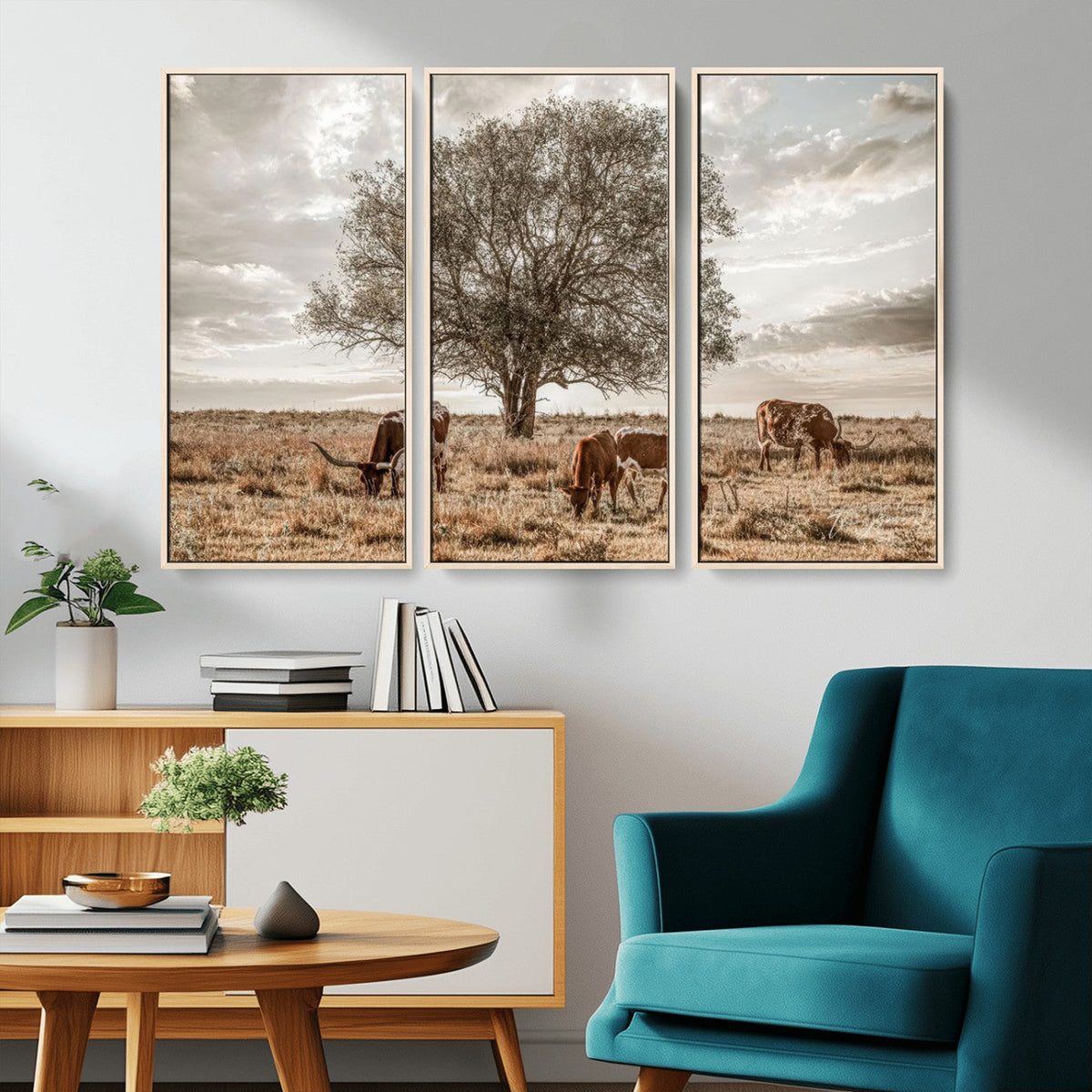 Texas Longhorn Cattle Wall Art, Rustic Western Ranch Canvas