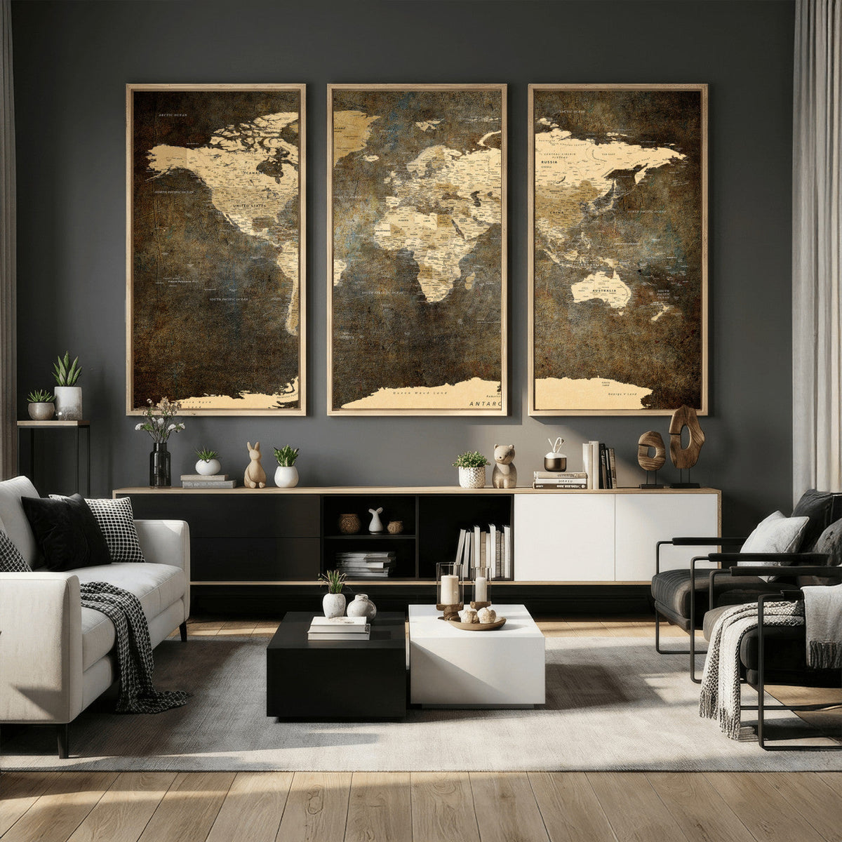 Large Framed Vintage World Map Wall Art Print for Home Wall