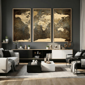 Large Framed Vintage World Map Wall Art Print for Home Wall