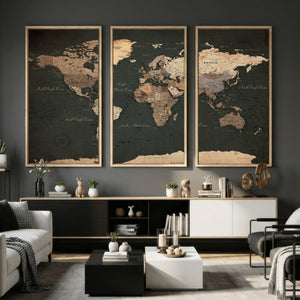 Vintage World Map Canvas Wall Art – Framed Travel Map for