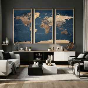 Navy Blue World Map Canvas Print – Framed Travel Map Wall