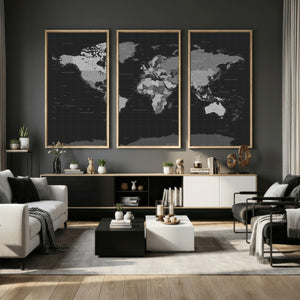 Black World Map Wall Art Canvas Print – Detailed Map of the